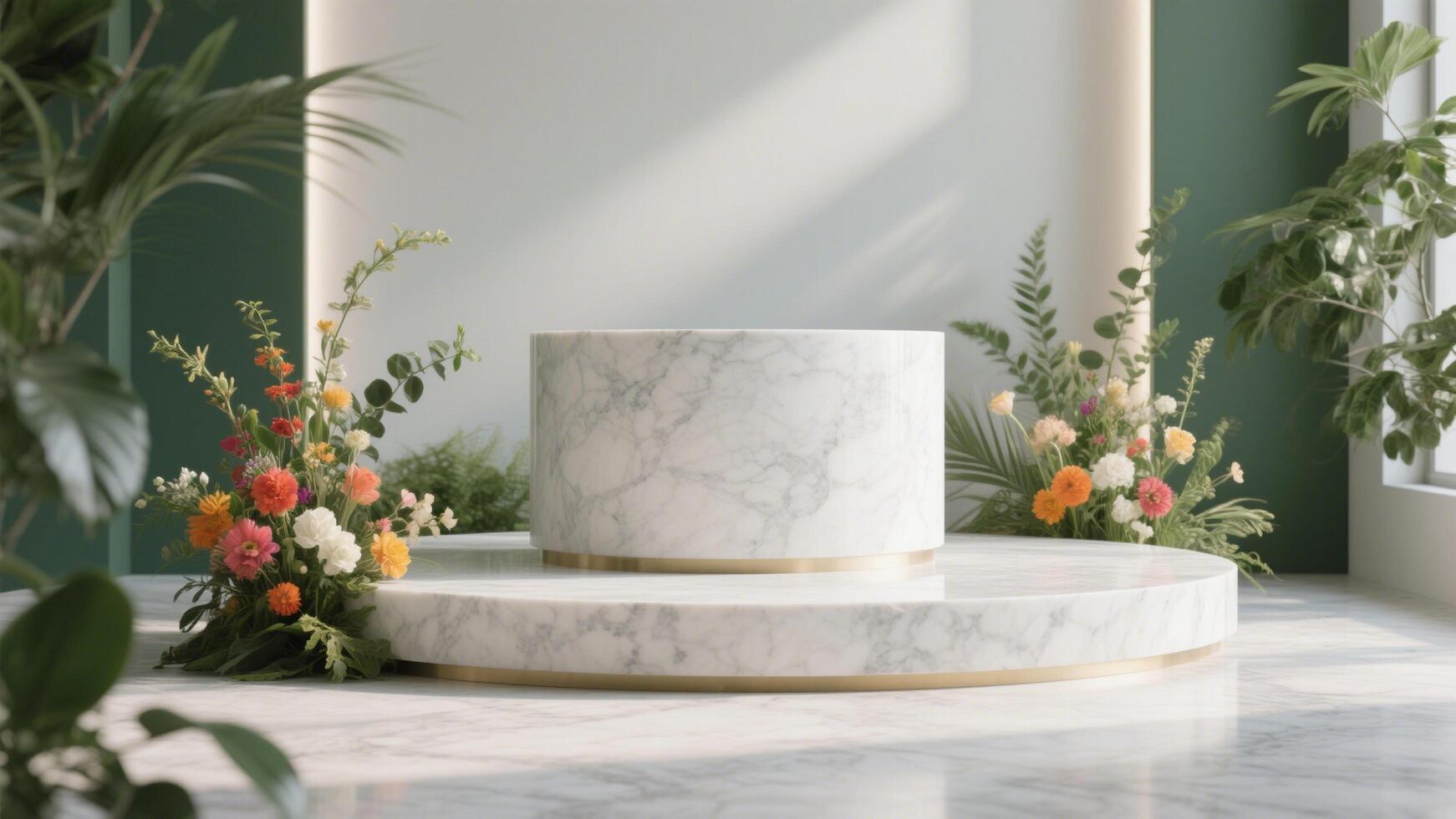 Photo of Marble podium decorated with flowers and plants creating an elegant and natural display