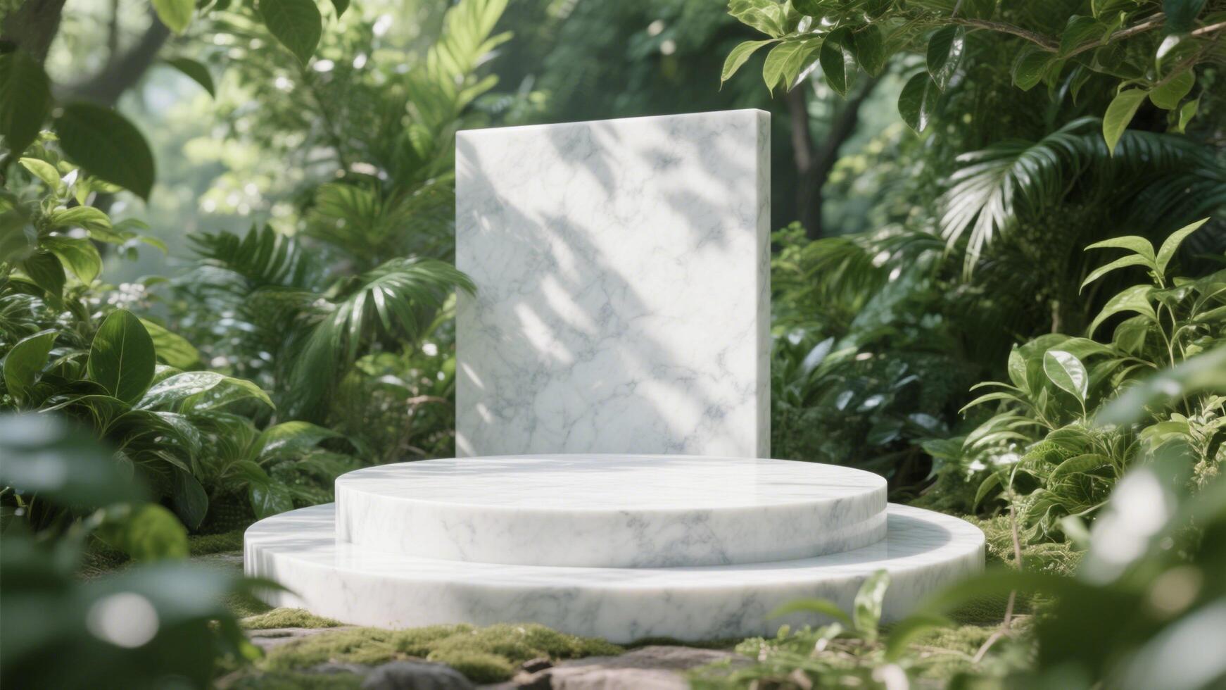 Photo of Marble podium surrounded by lush green plants creating a natural display setting