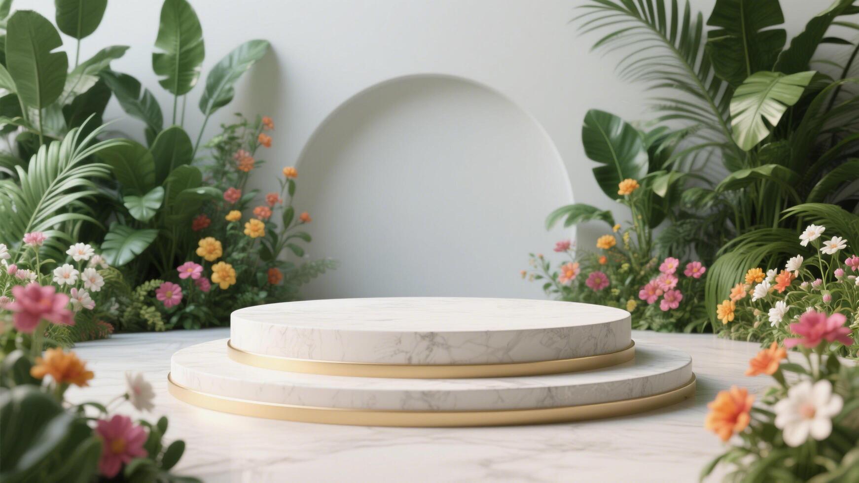Photo of Elegant marble podium surrounded by lush green plants and colorful flowers isolated on white background