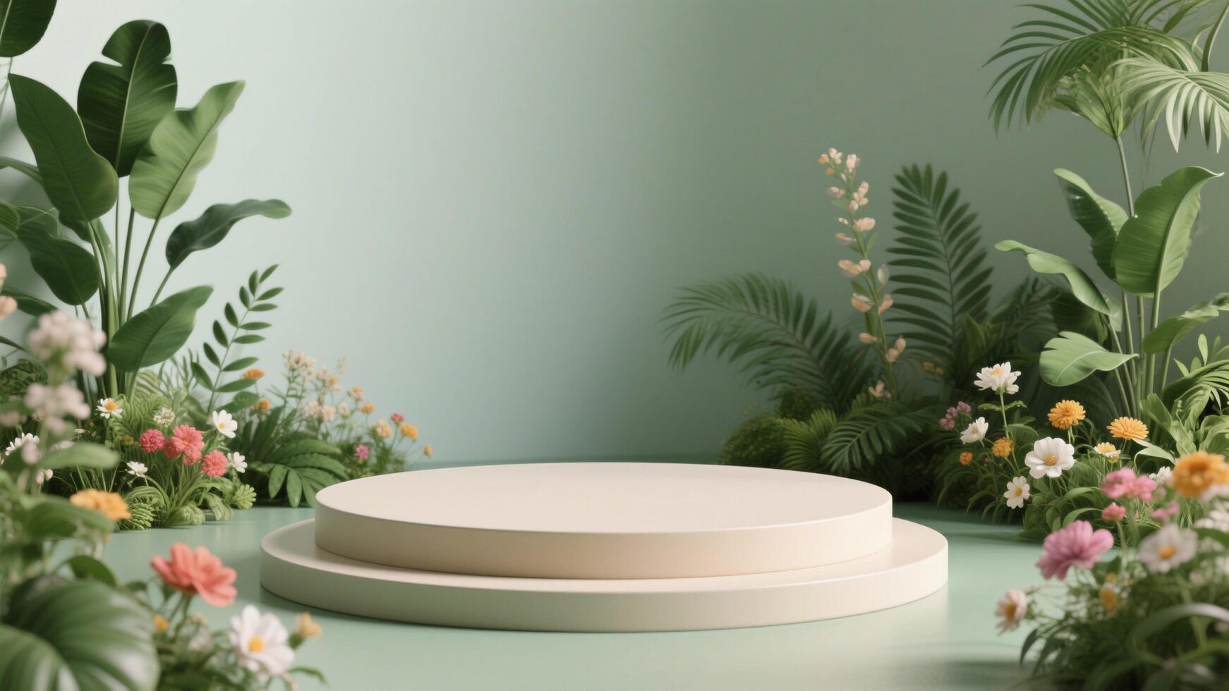 Photo of Elegant round podium surrounded by lush tropical plants and colorful flowers on a green background