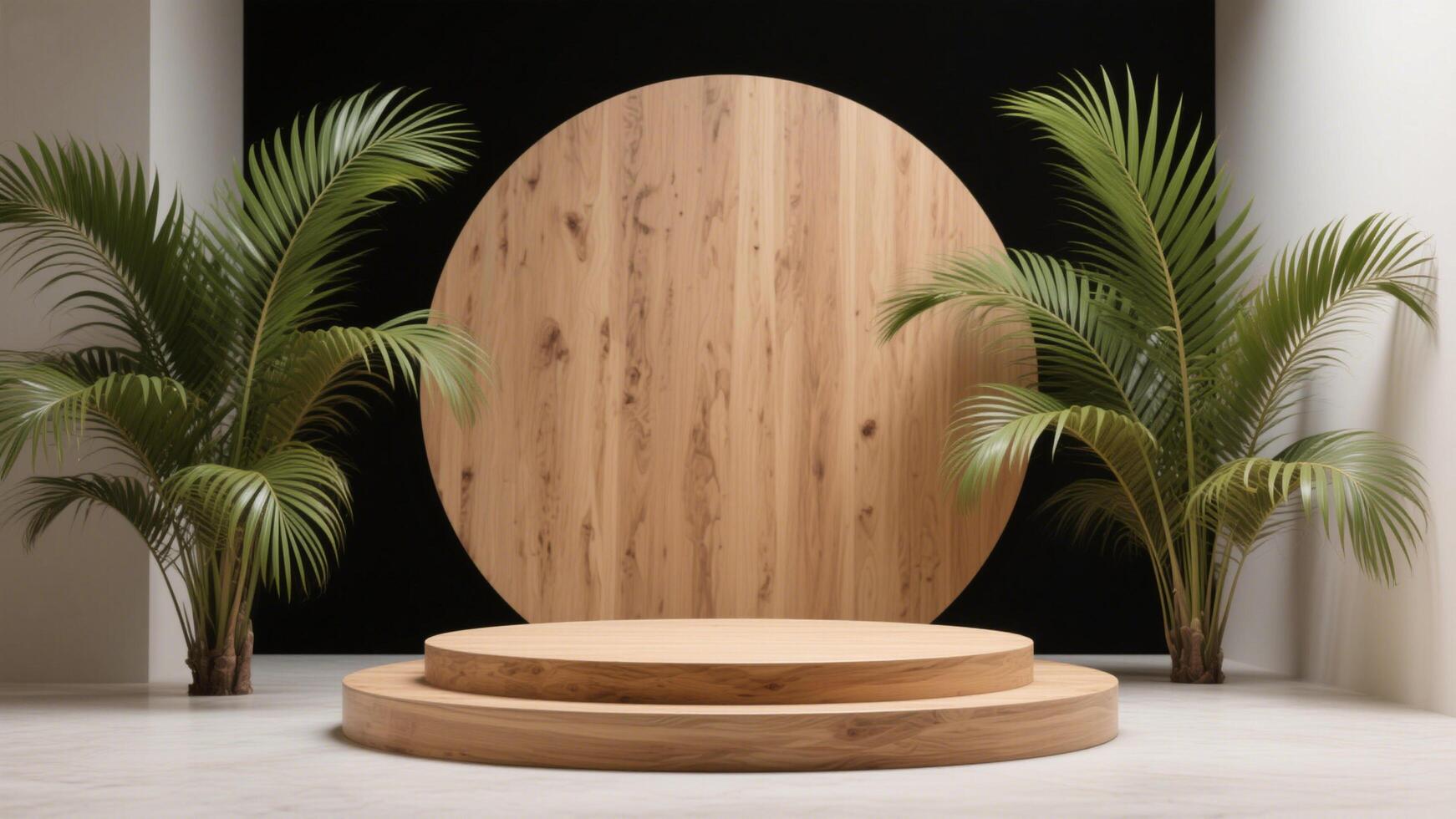 Photo of Wooden podium with palm plants against a black backdrop for product presentation
