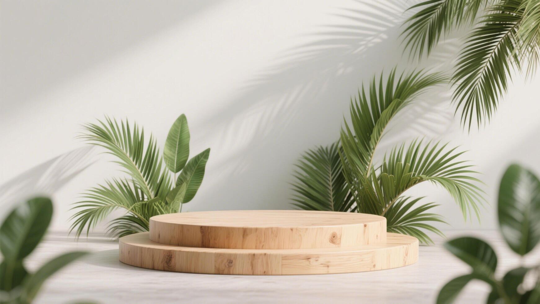 Photo of Wooden podium for product display with tropical leaves and shadows on white background