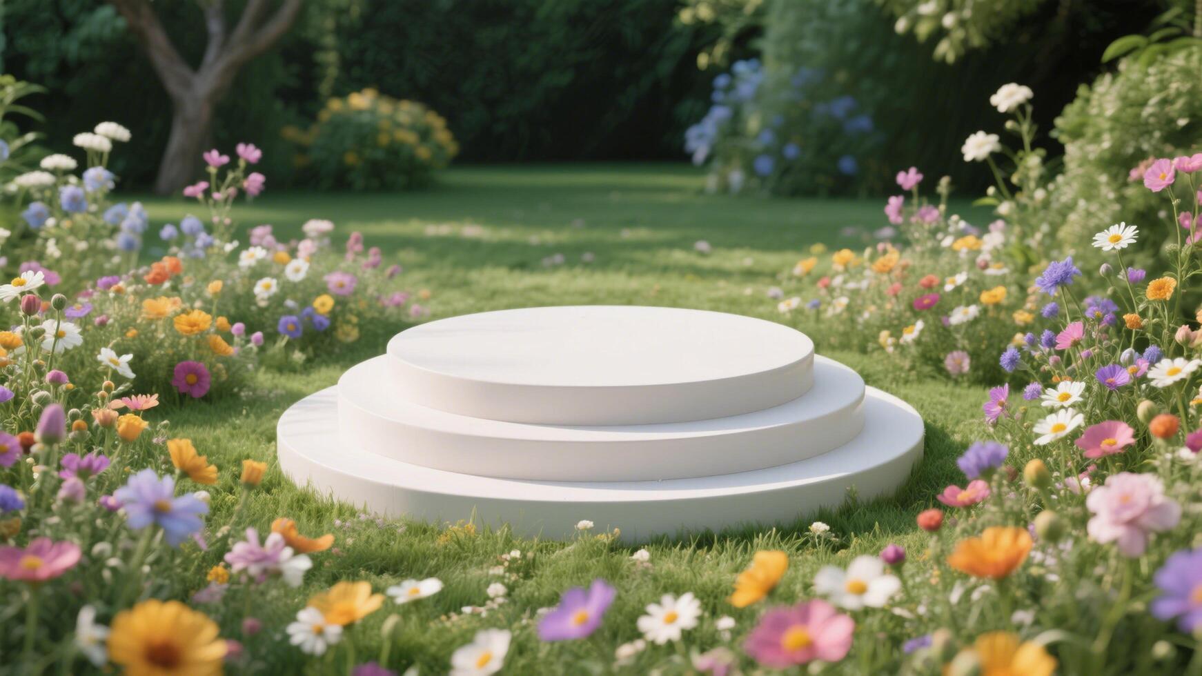Photo of White three tiered platform surrounded by colorful flowers in a lush green garden setting