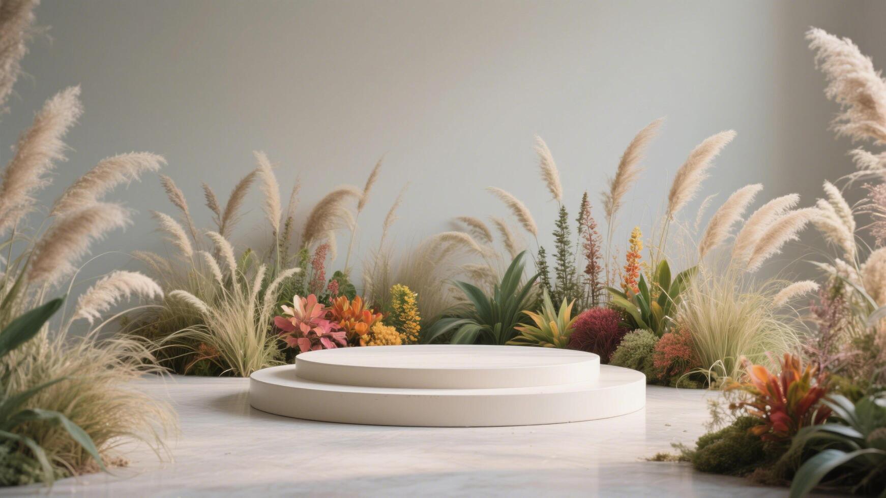 Photo of Two tiered platform surrounded by pampas grass and colorful flowers in a serene scene