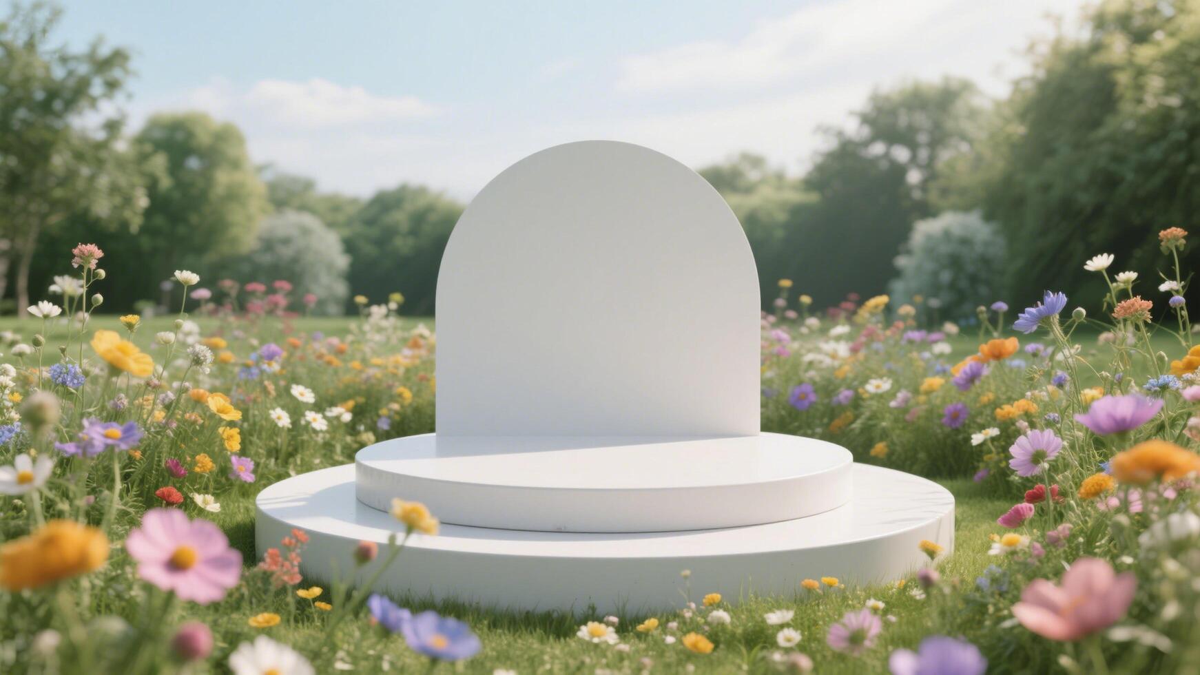 Photo of White podium surrounded by colorful flowers in a field with trees and a blue sky