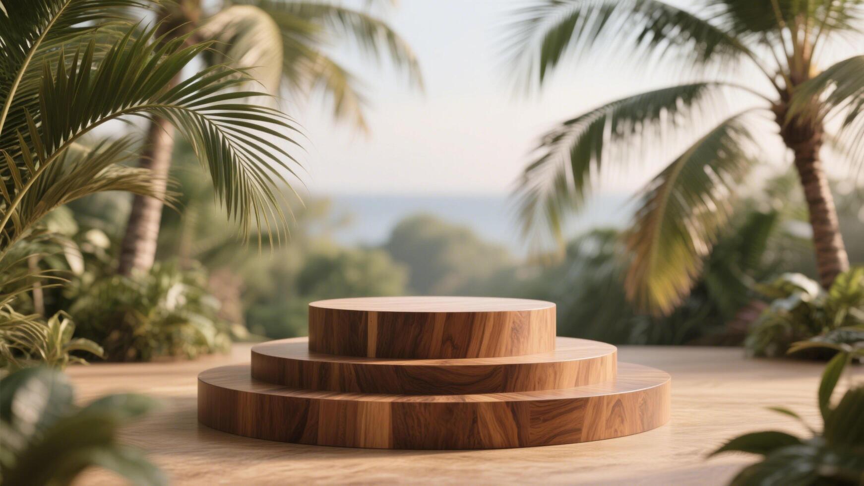 Photo of Wooden podium display in a tropical setting with palm trees and a blurred ocean view