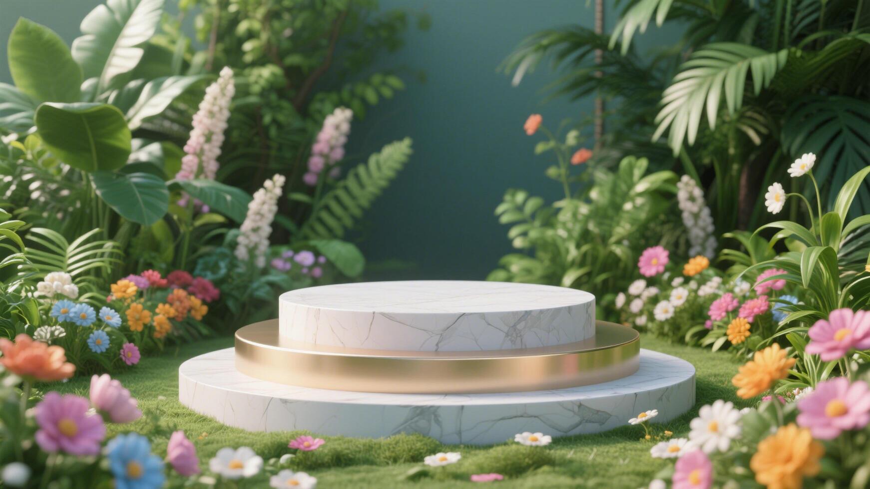 Photo of Elegant marble podium surrounded by lush greenery and colorful flowers in a natural setting