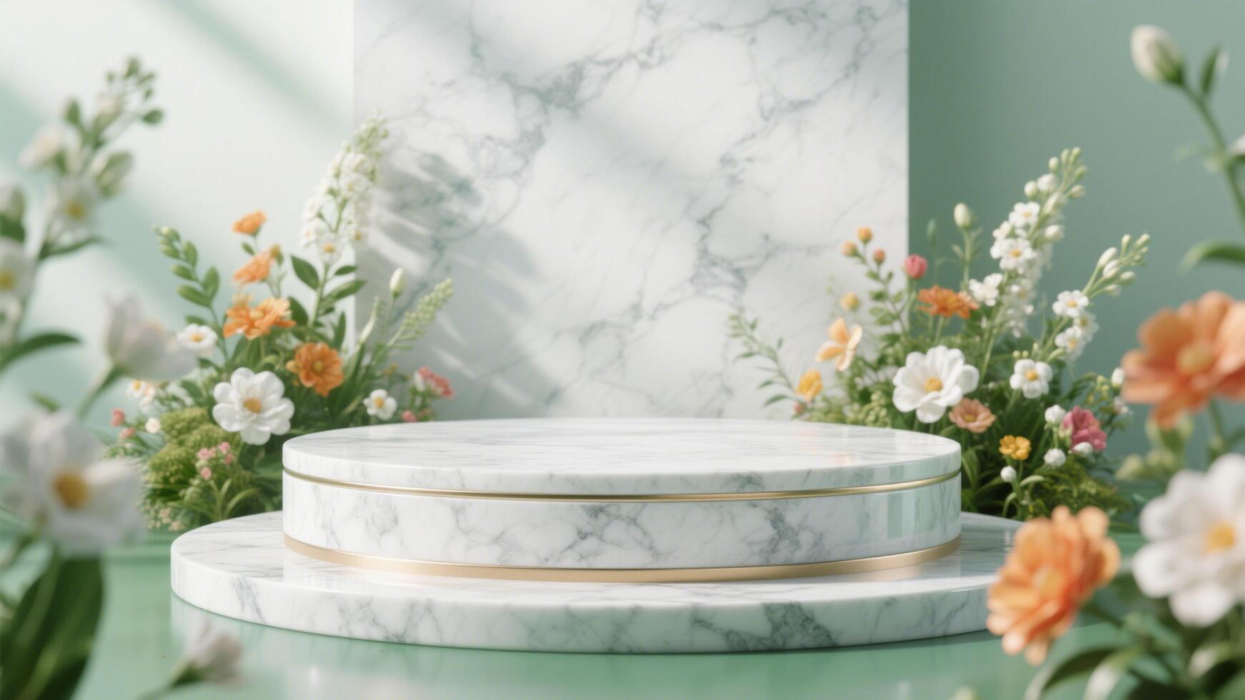 Photo of Elegant marble podium surrounded by colorful flowers creating a serene and inviting display