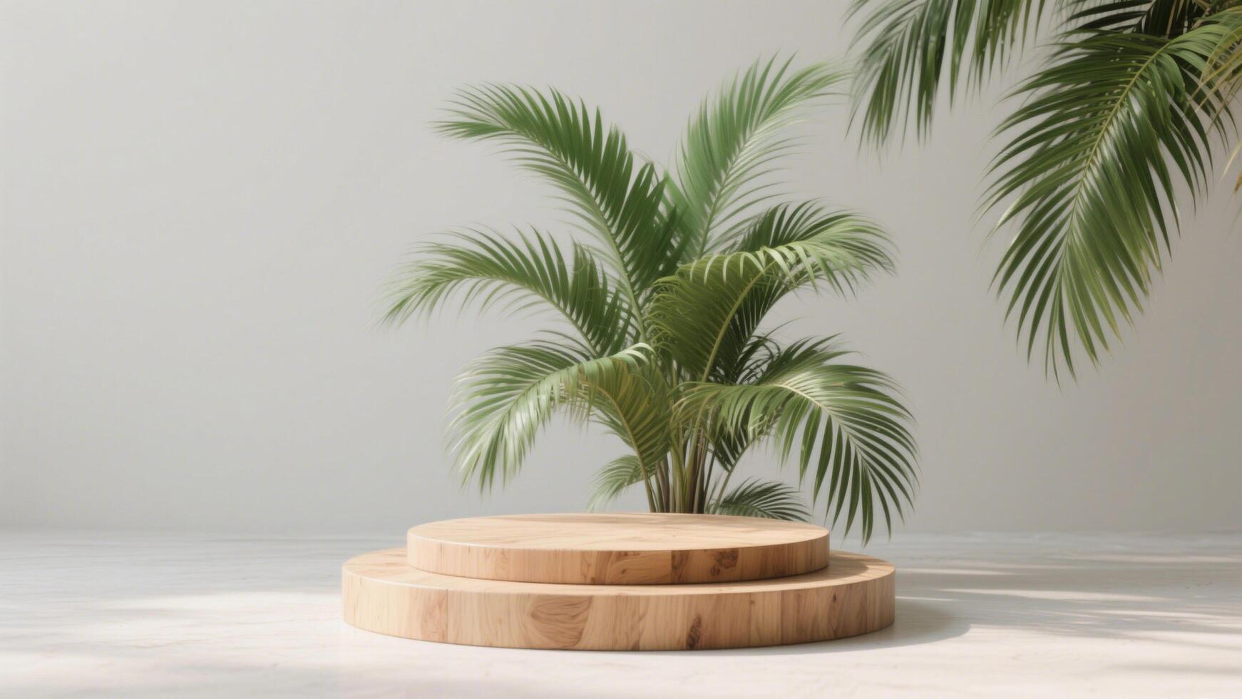 Photo of Wooden podium for product display with green palm leaves against a light background