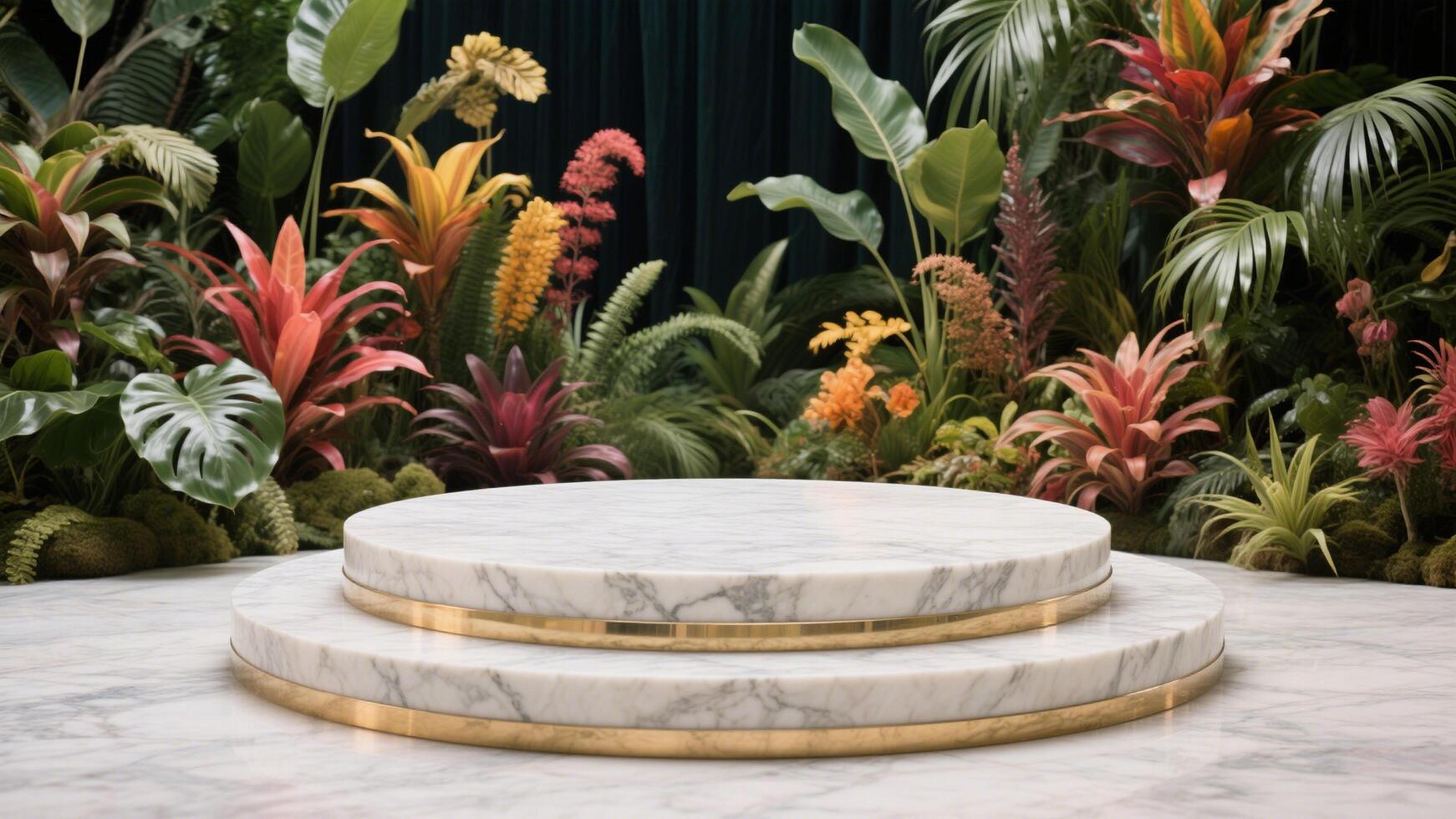 Photo of Elegant marble platform surrounded by vibrant tropical plants and flowers creating a natural scene