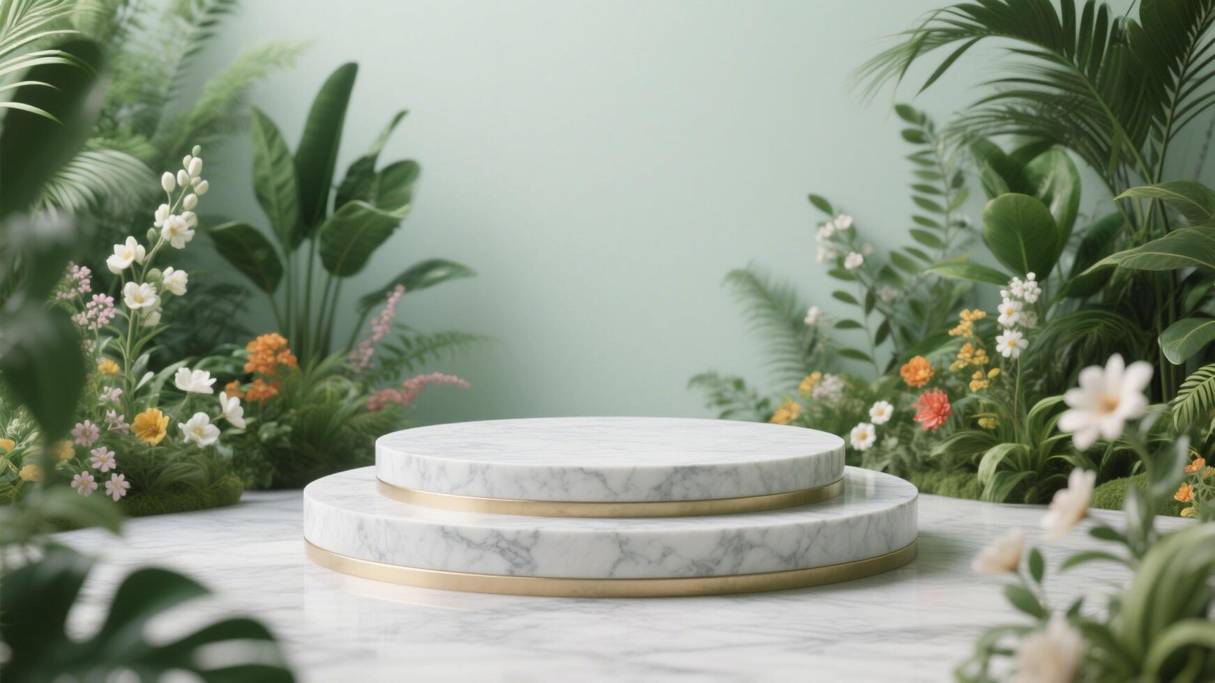 Photo of Elegant marble podium surrounded by lush tropical plants and colorful flowers on green background