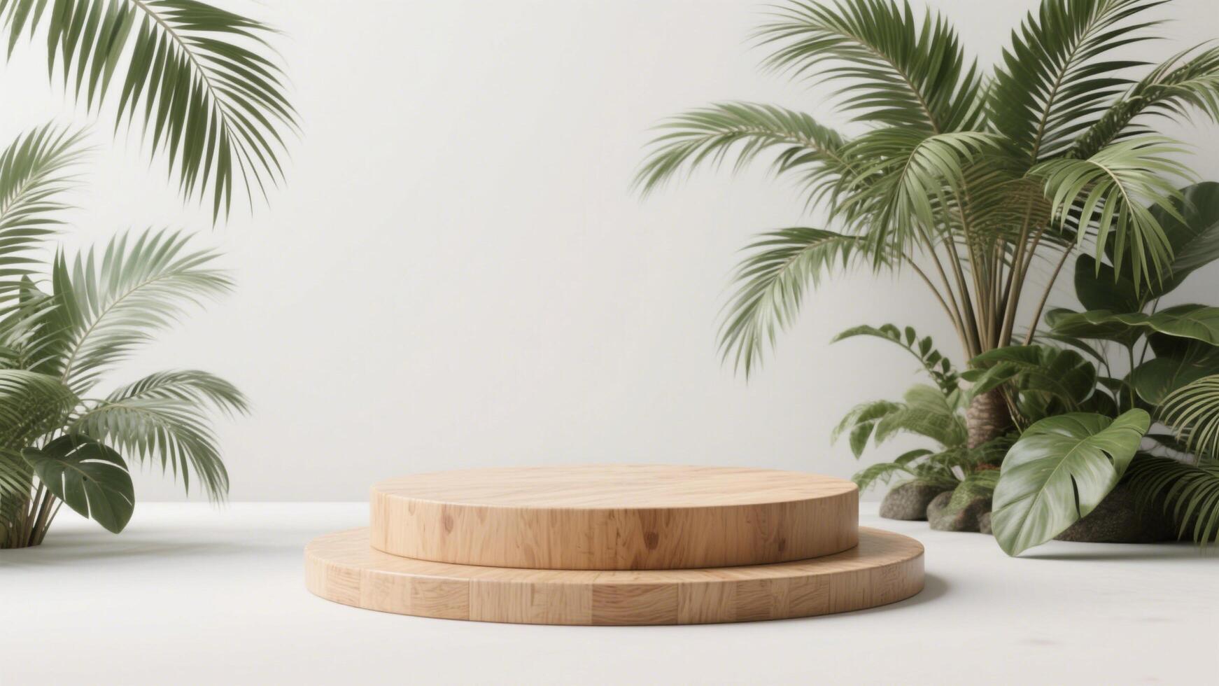 Photo of Wooden podium surrounded by tropical plants on a white background for product display