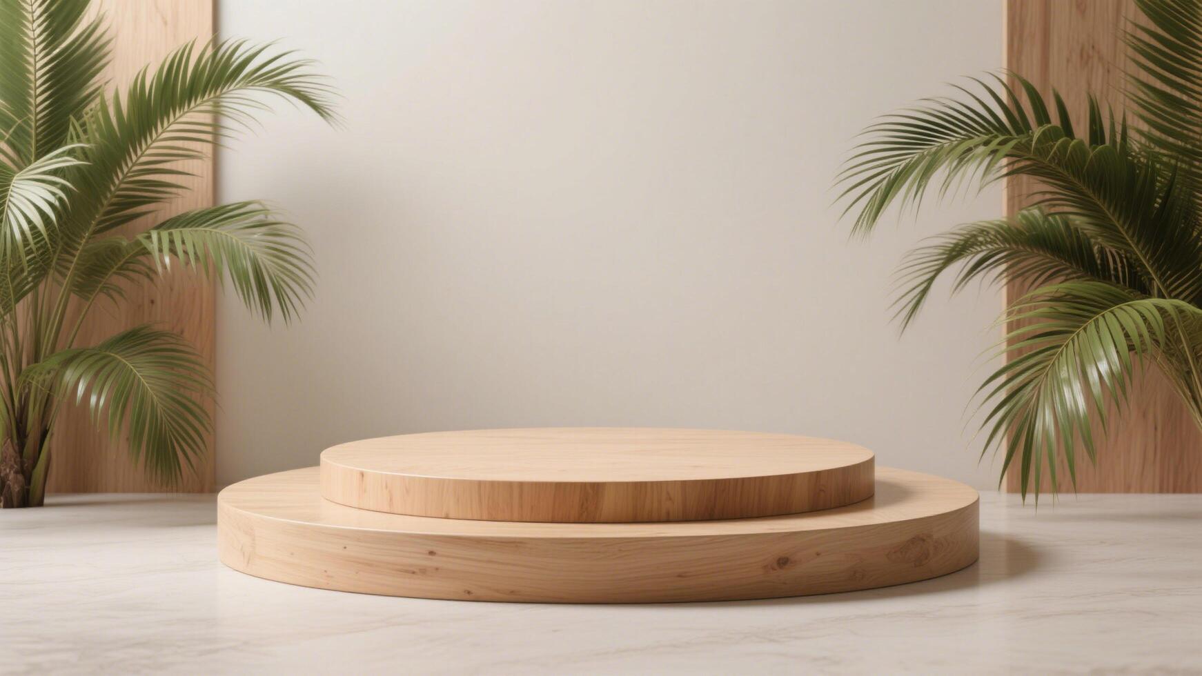 Photo of Wooden podium with tropical palm leaves for product display against a neutral backdrop