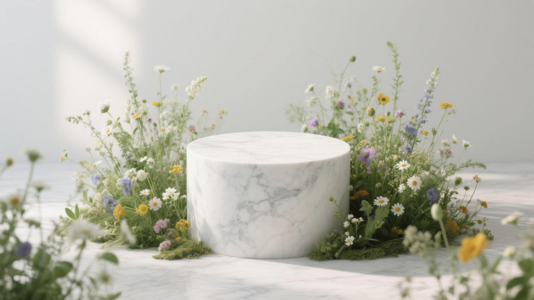 Photo of White marble podium surrounded by colorful wildflowers creating a natural and elegant product display