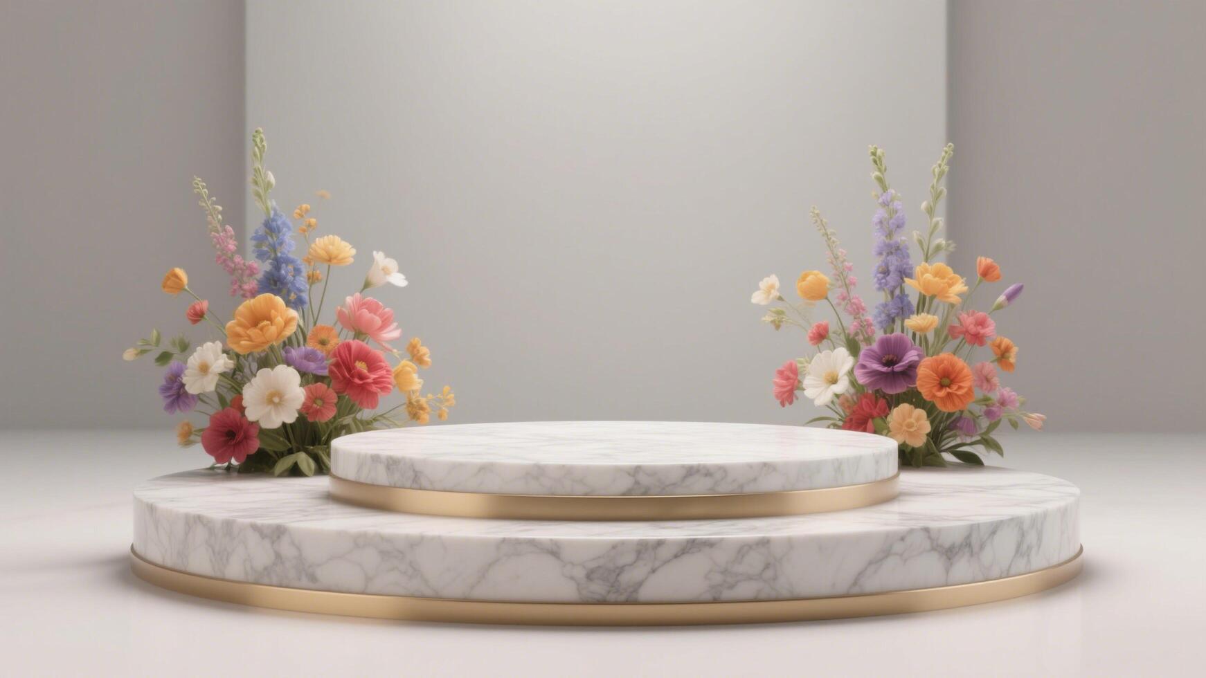 Photo of Elegant marble podium adorned with vibrant floral arrangements on a neutral backdrop