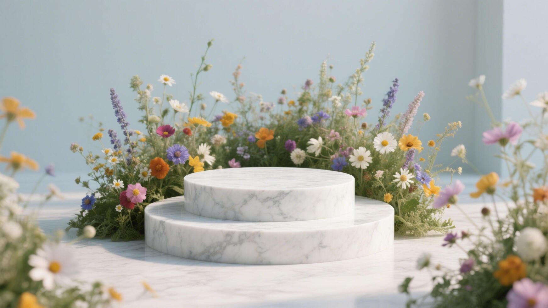 Photo of Marble podium surrounded by colorful wildflowers creating a natural and elegant product display
