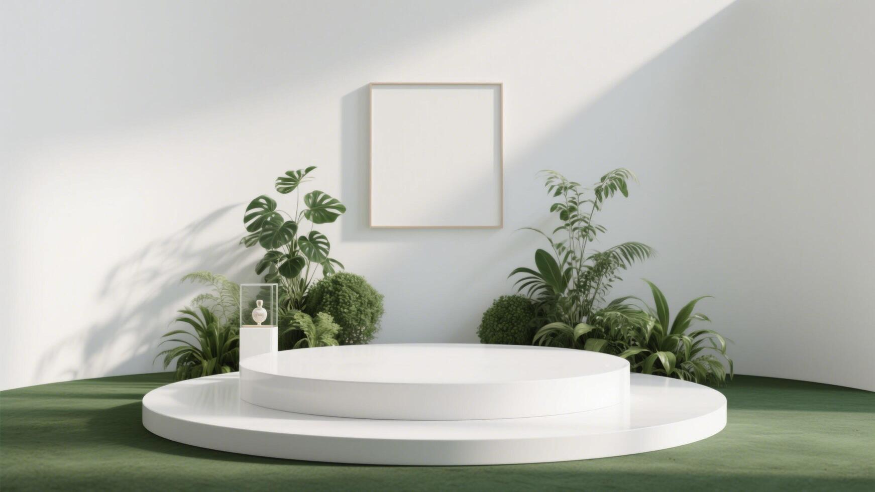Photo of White product display podium surrounded by green plants and a blank picture frame on the wall