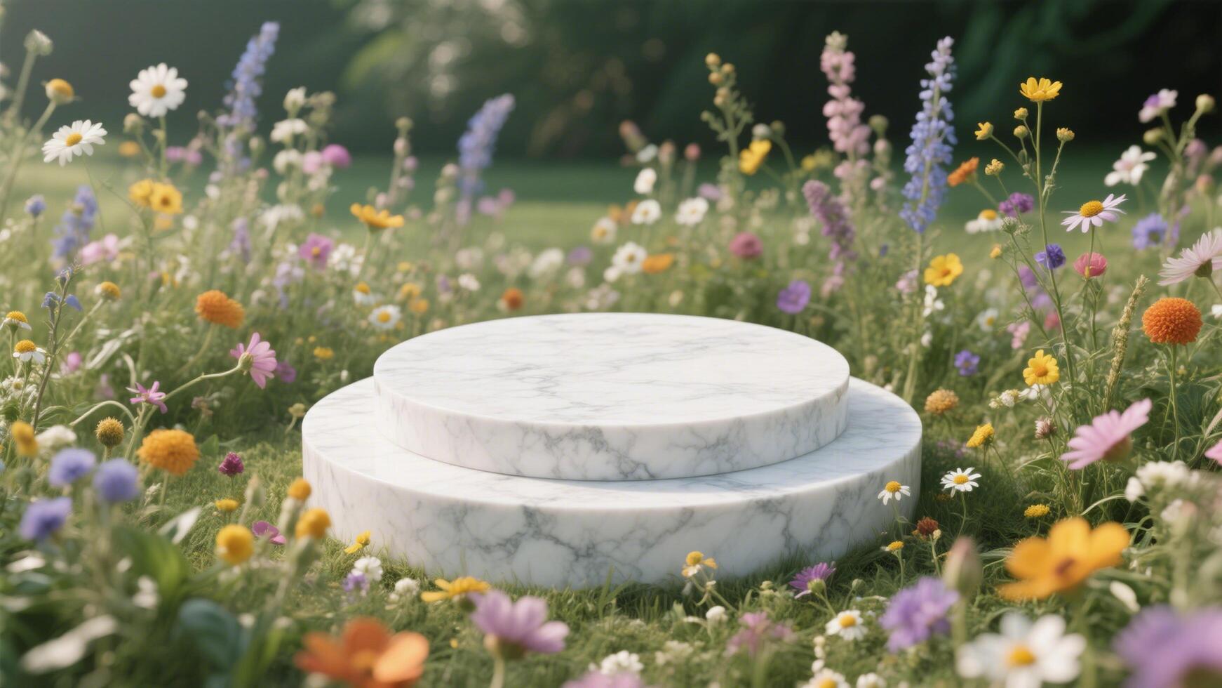 Photo of Marble podium surrounded by colorful wildflowers in a lush green field with blurred background