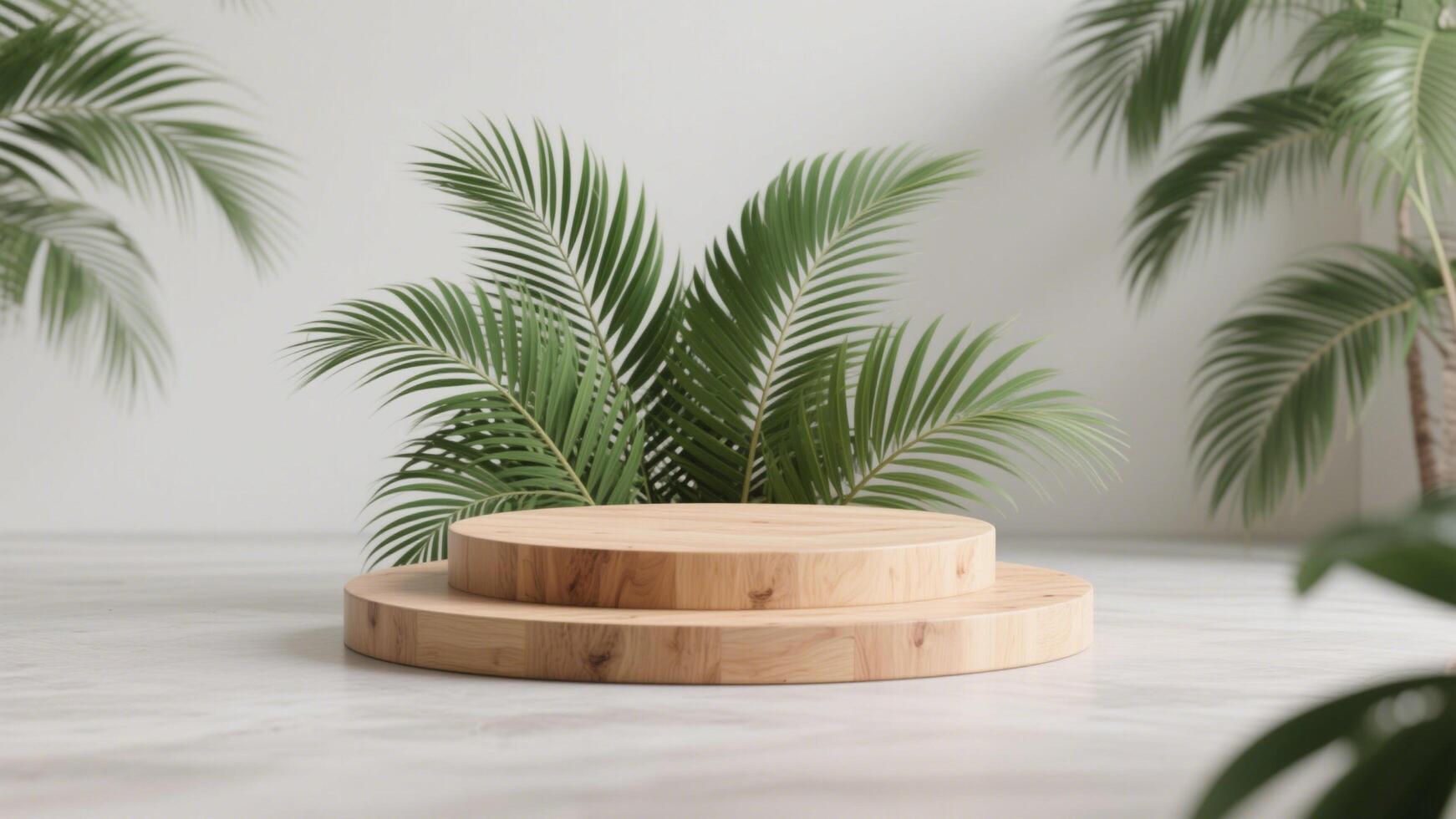 Photo of Wooden podium surrounded by lush green palm leaves, creating a natural product display scene
