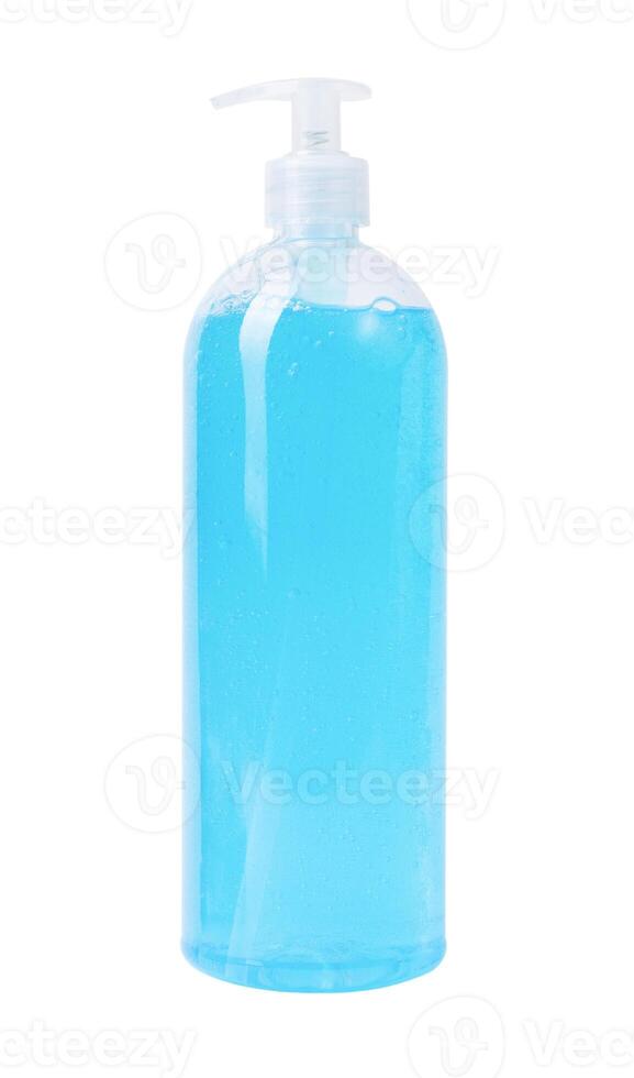 Blue antibacterial soap with bubbles, in a transparent plastic container with a dispenser, for washing hands from dirt and protecting against germs, hygiene concept, isolated on white background photo