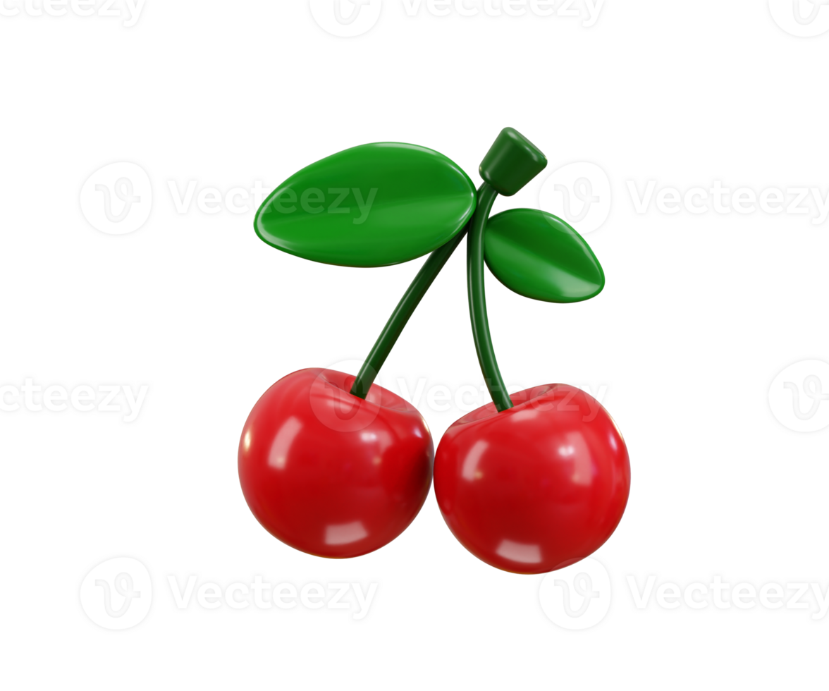 Wild Cherry fruit icon 3d render concept of Realistic cherry with fresh leaves and red juicy fruits illustration png
