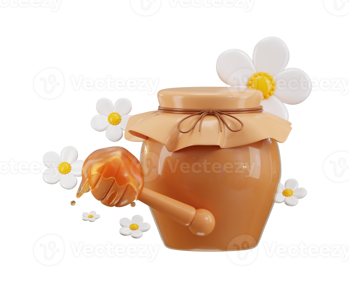 Honey dripping from dipper sticks with honey jar icon with flower icon 3d render png