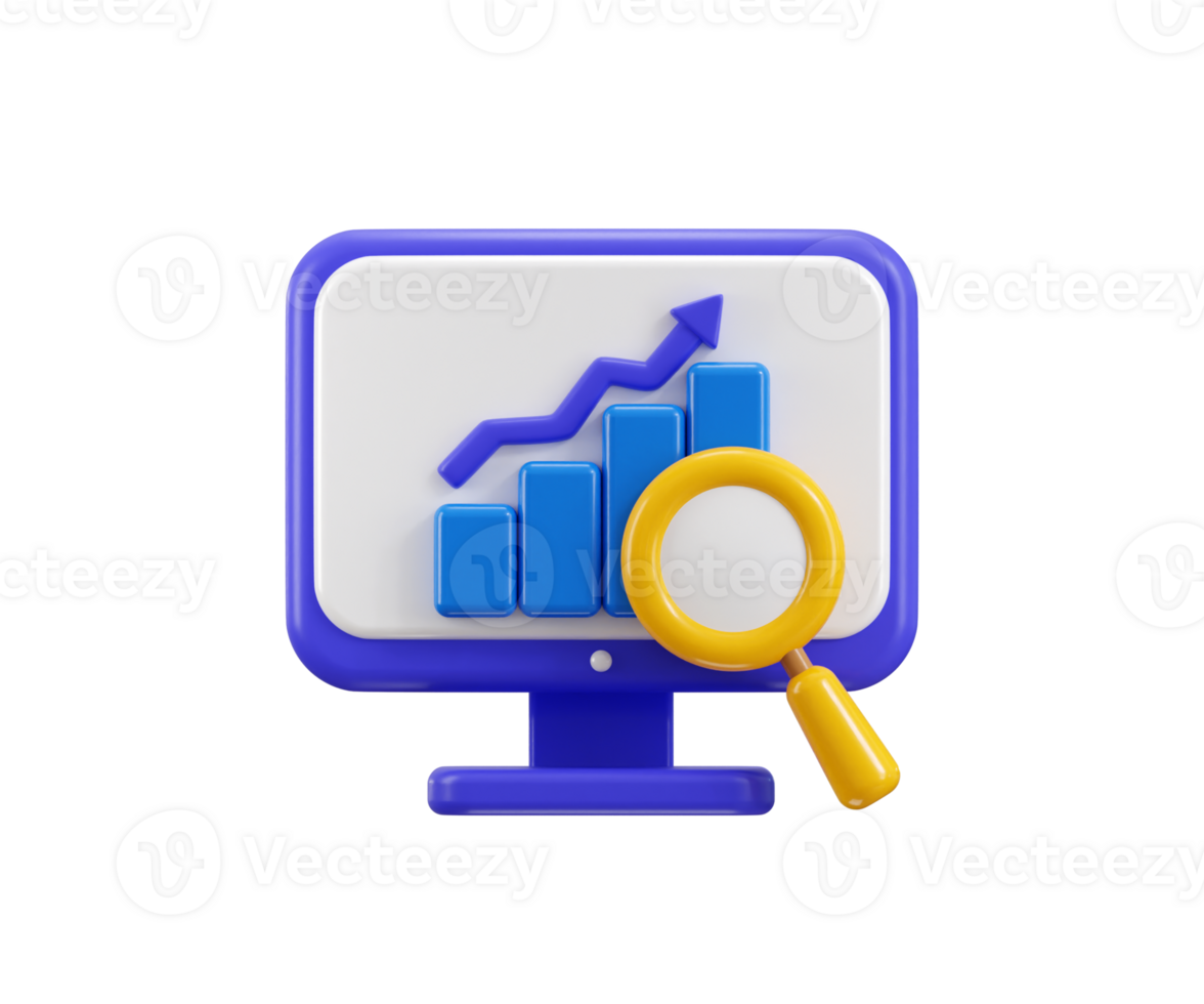 Monitor with bar chart icon 3d render concept of market analysis in computer monitor with report icon illustration png
