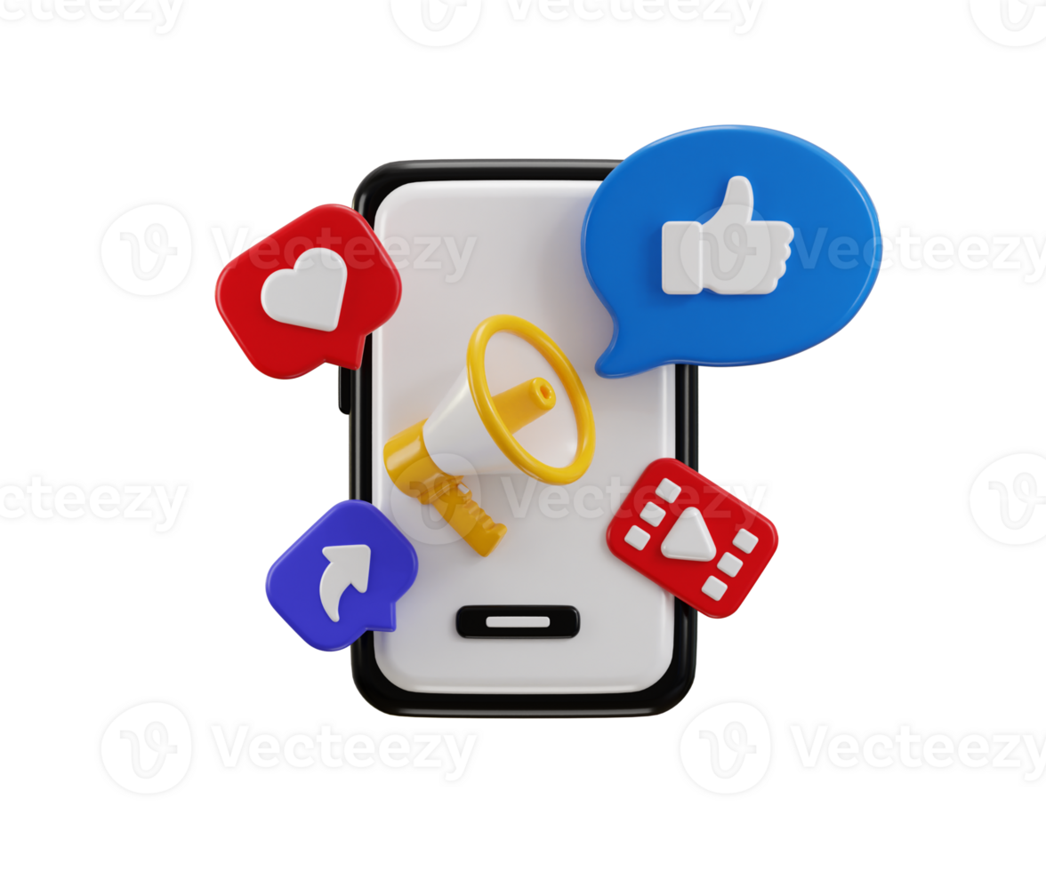 Digital marketing icon 3d render concept of online advertisement on social media, social media marketing strategies, ads and sales icon illustration png