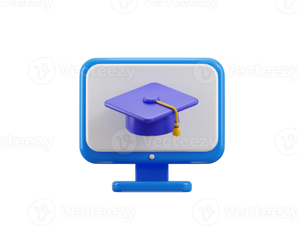 Computer monitor display and graduation cap icon 3d render concept of Online education system eLearning icon illustration png