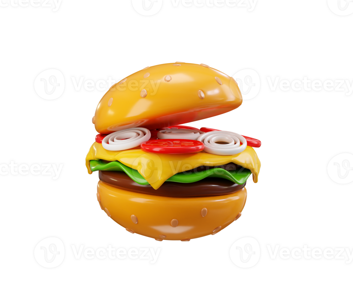 Delicious hamburger icon 3d render concept of fast-food juicy cheeseburger illustration png
