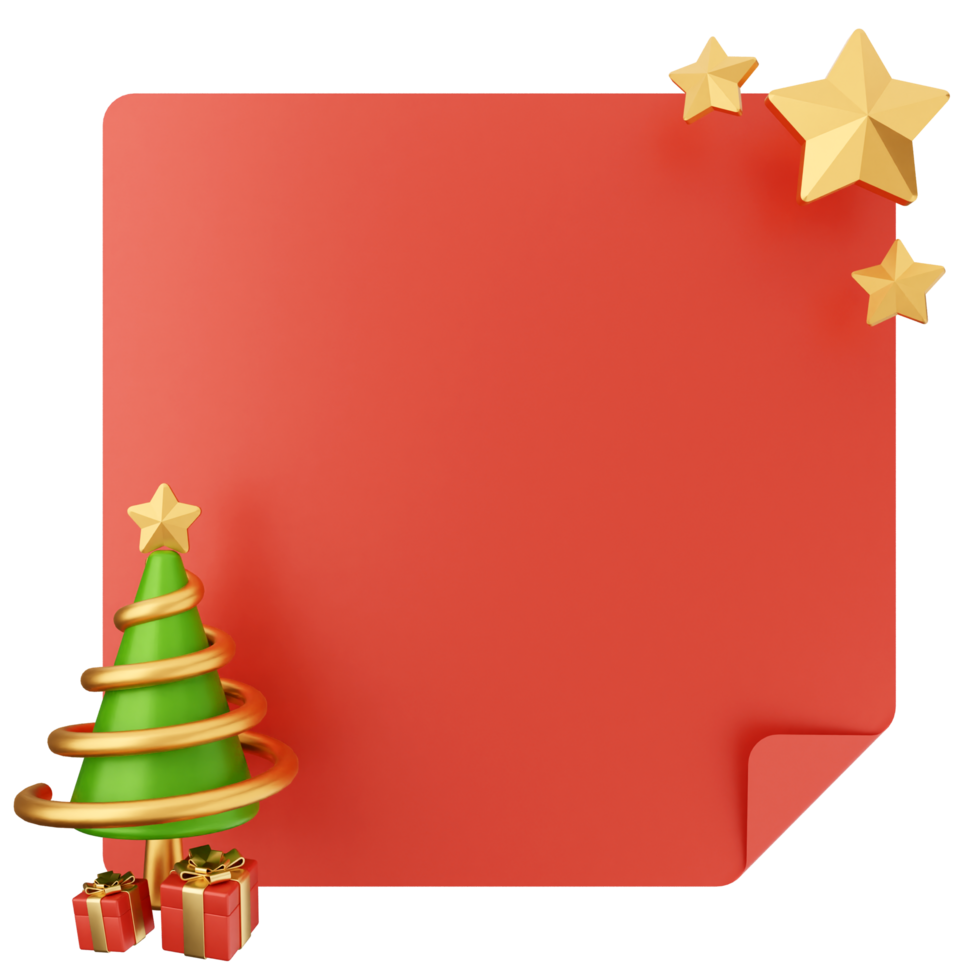 A red paper with a christmas tree and gold stars png