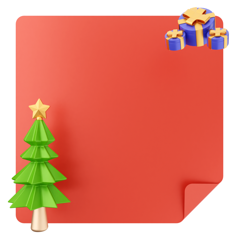 A red paper with a christmas tree and gift box png