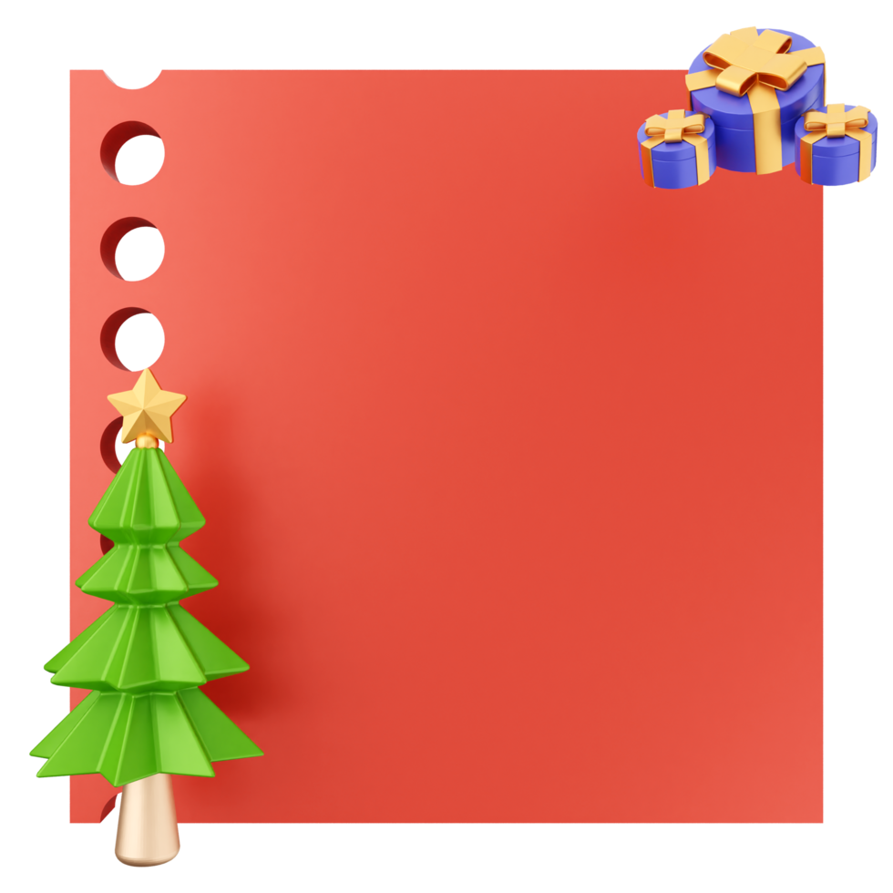 A red paper with a christmas tree and presents png