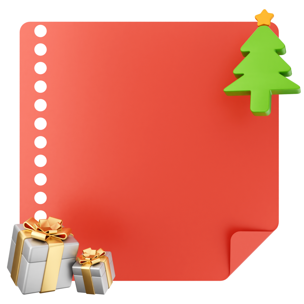 A red paper with christmas tree and presents png