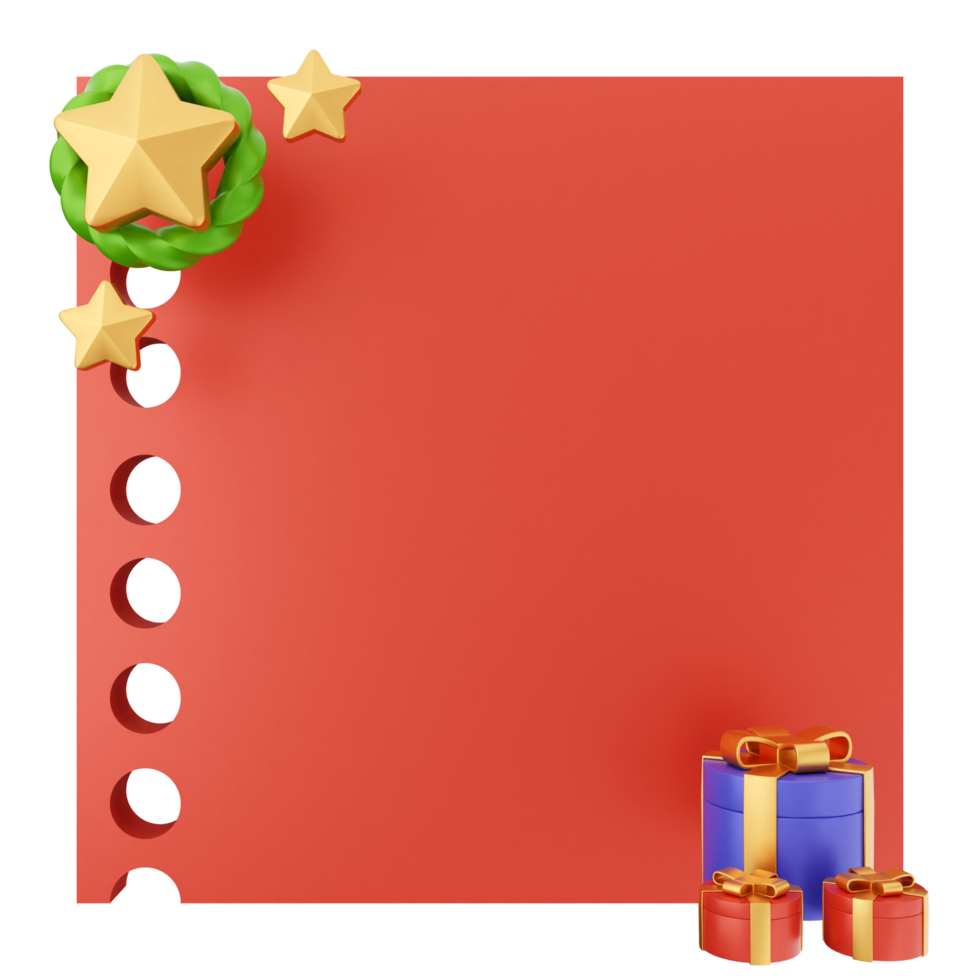 A red paper with christmas decorations and gifts png