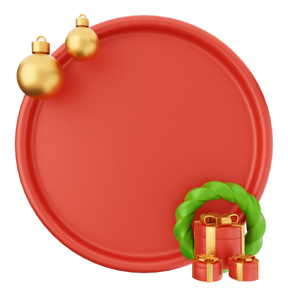A red plate with christmas decorations and a gift png