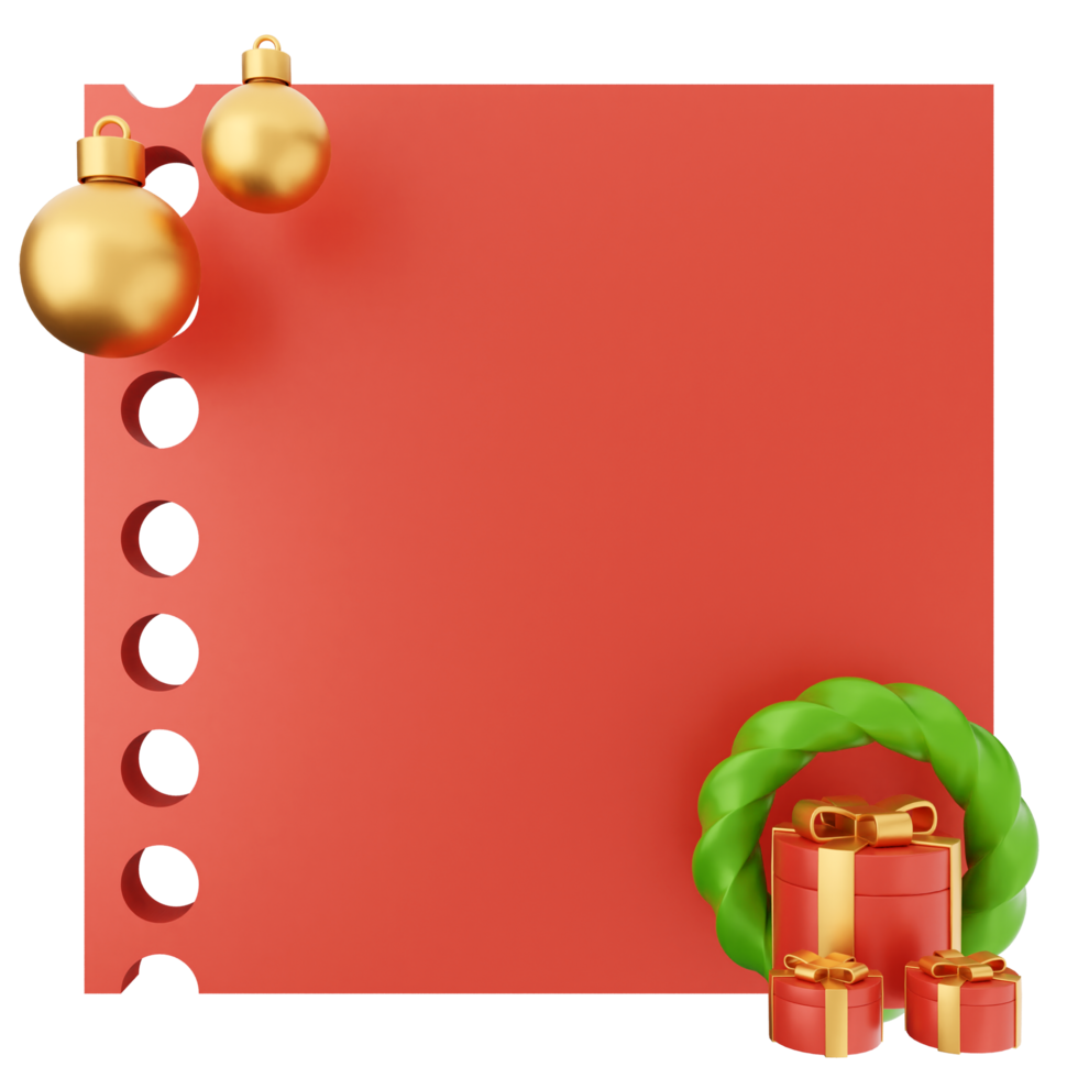 A red paper with christmas decorations and a gift png