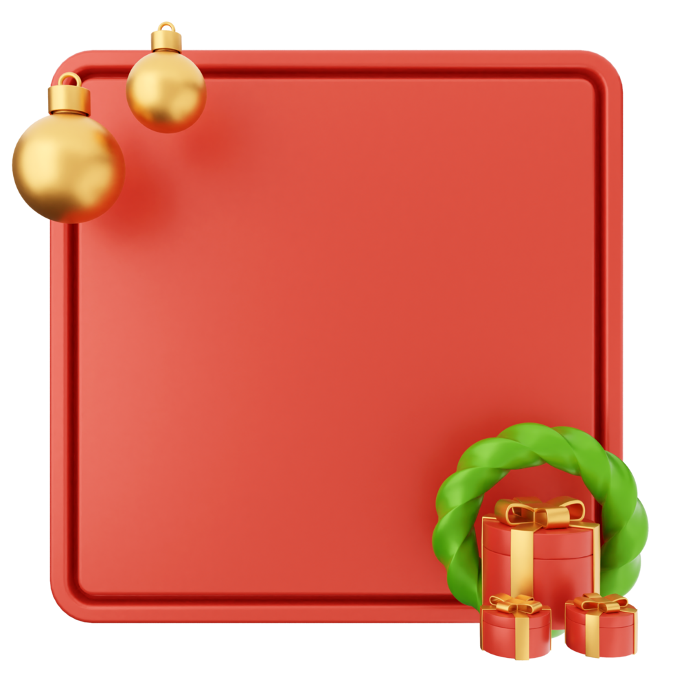 A red square with a christmas wreath and presents png