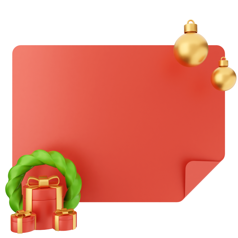 A red christmas card with a wreath and presents png