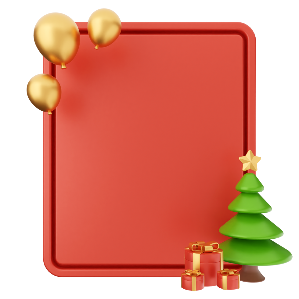 A red frame with a christmas tree and gold balloons png
