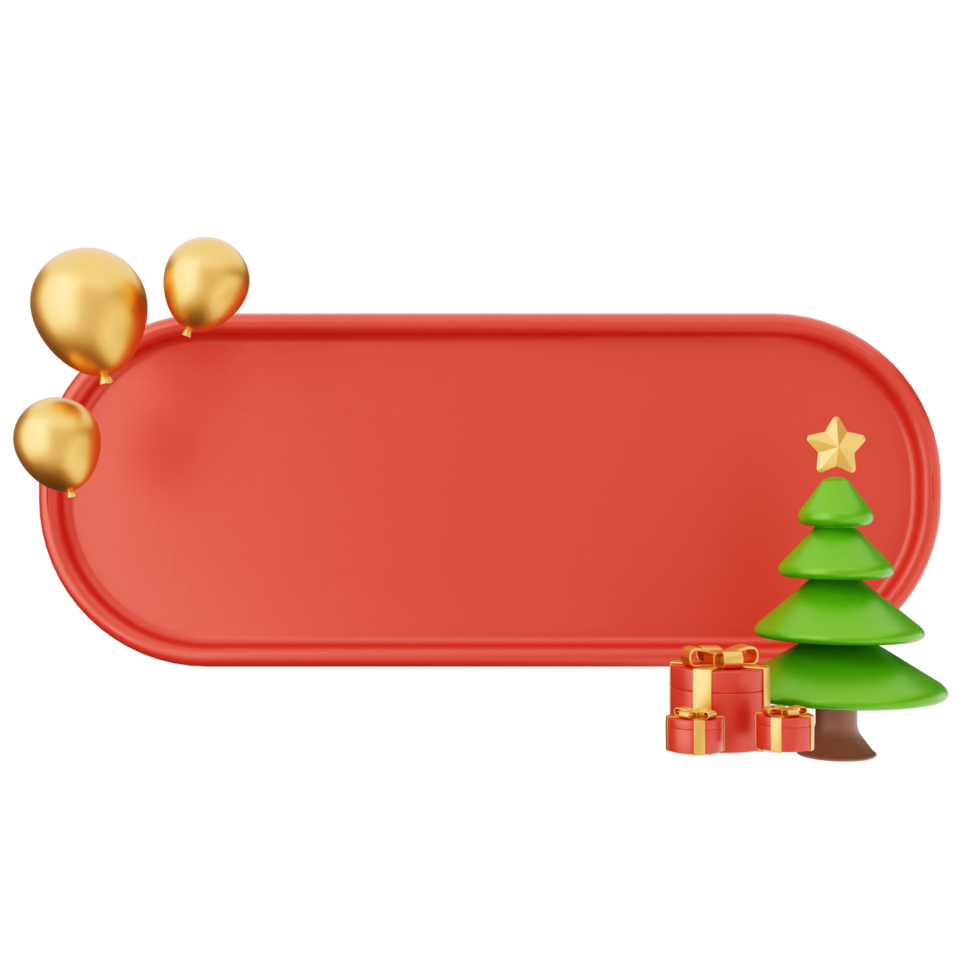 A red banner with christmas tree and gifts png