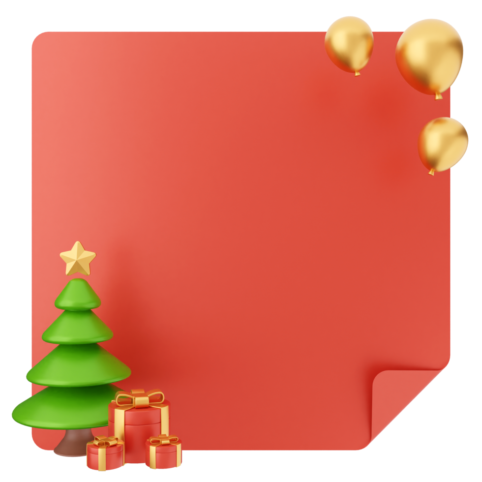A red paper with a christmas tree and gold balloons png