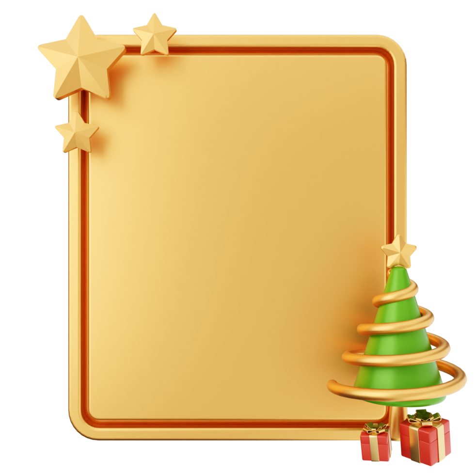 A gold frame with a christmas tree and presents png