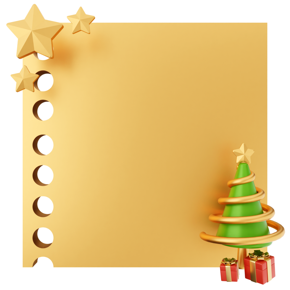 A gold christmas tree and presents on a blank sheet of paper png