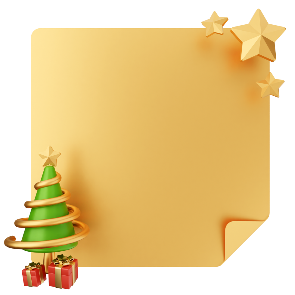A gold paper with a christmas tree and presents png