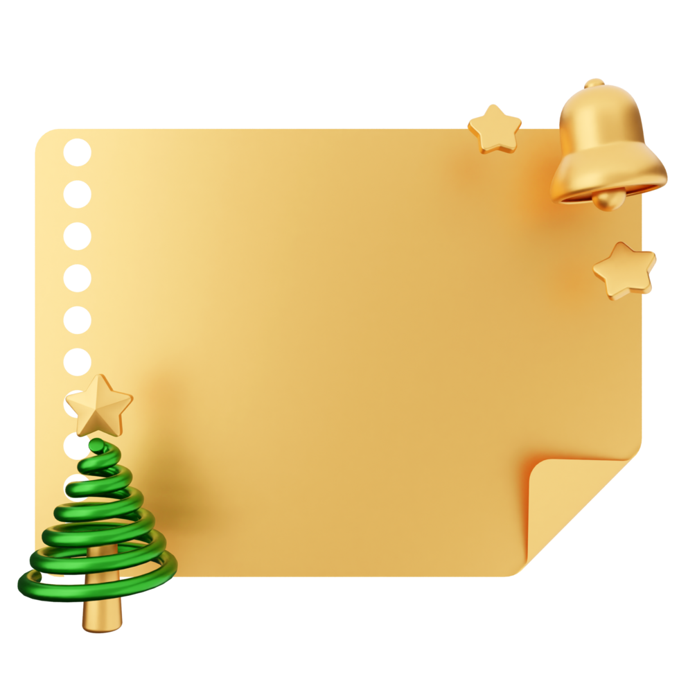 A gold paper with a christmas tree and bells png