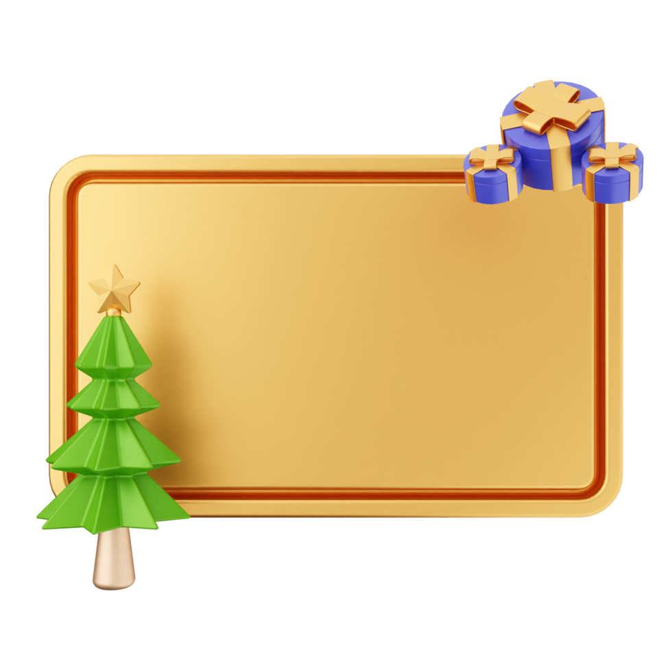 Christmas tree and gold frame with a gift box png