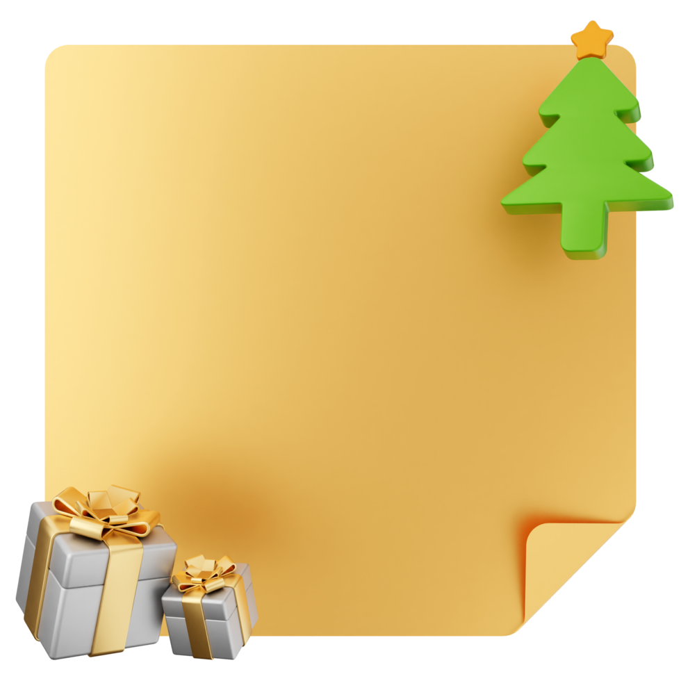 A golden paper with christmas tree and presents png