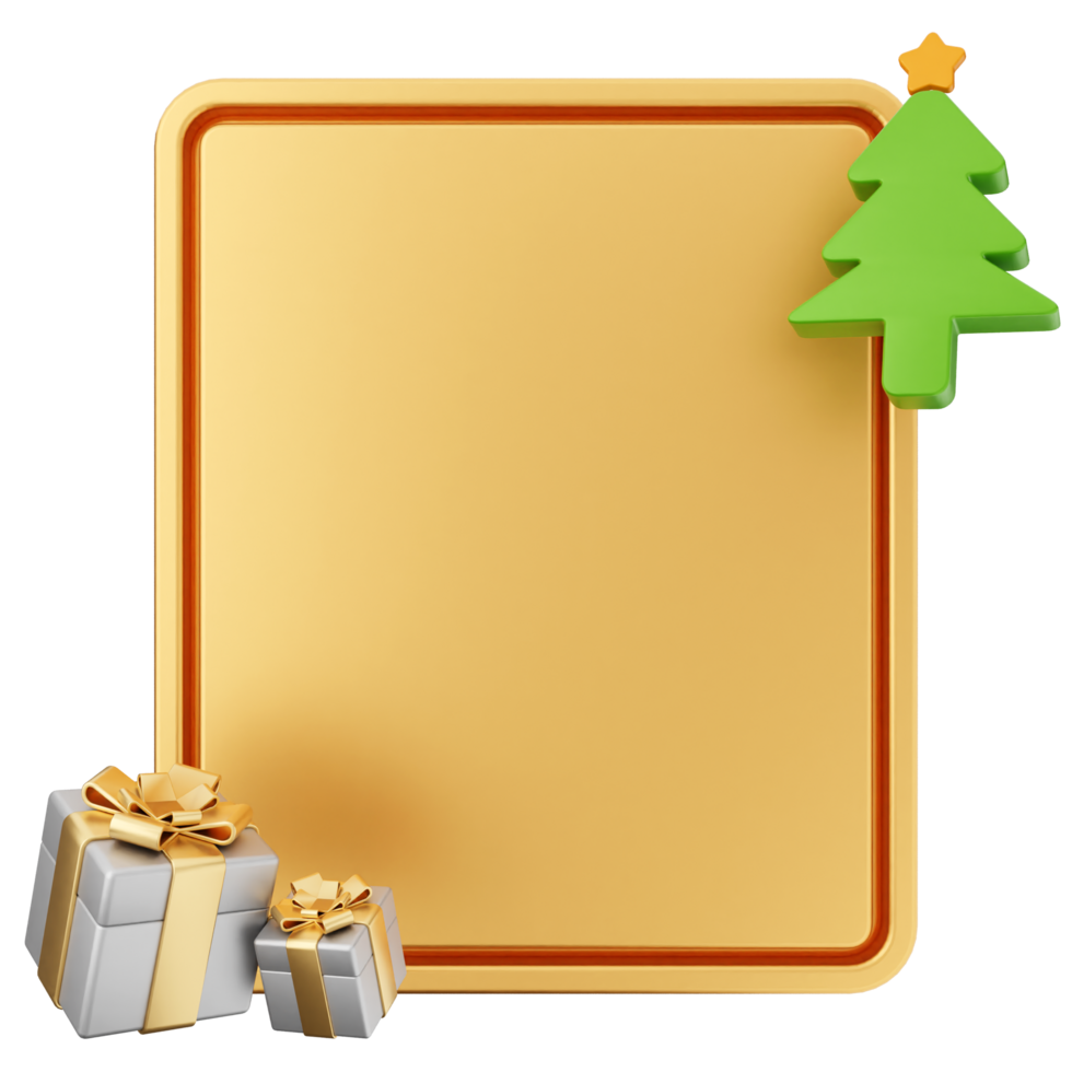 Christmas tree and presents on a gold frame png