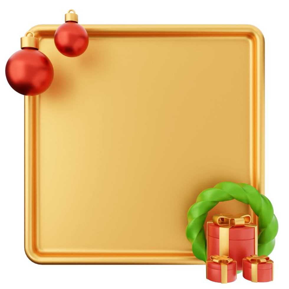 A golden frame with christmas decorations and a wreath png